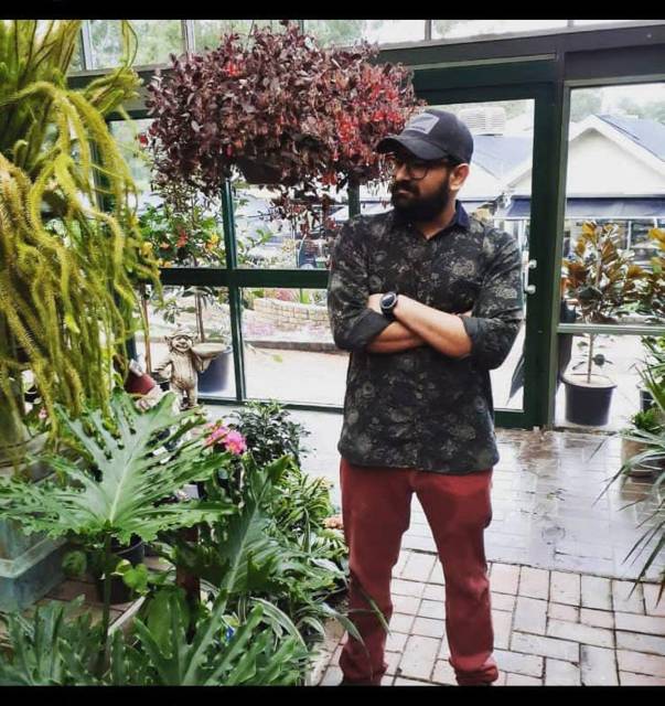 Inside a plant-filled greenhouse